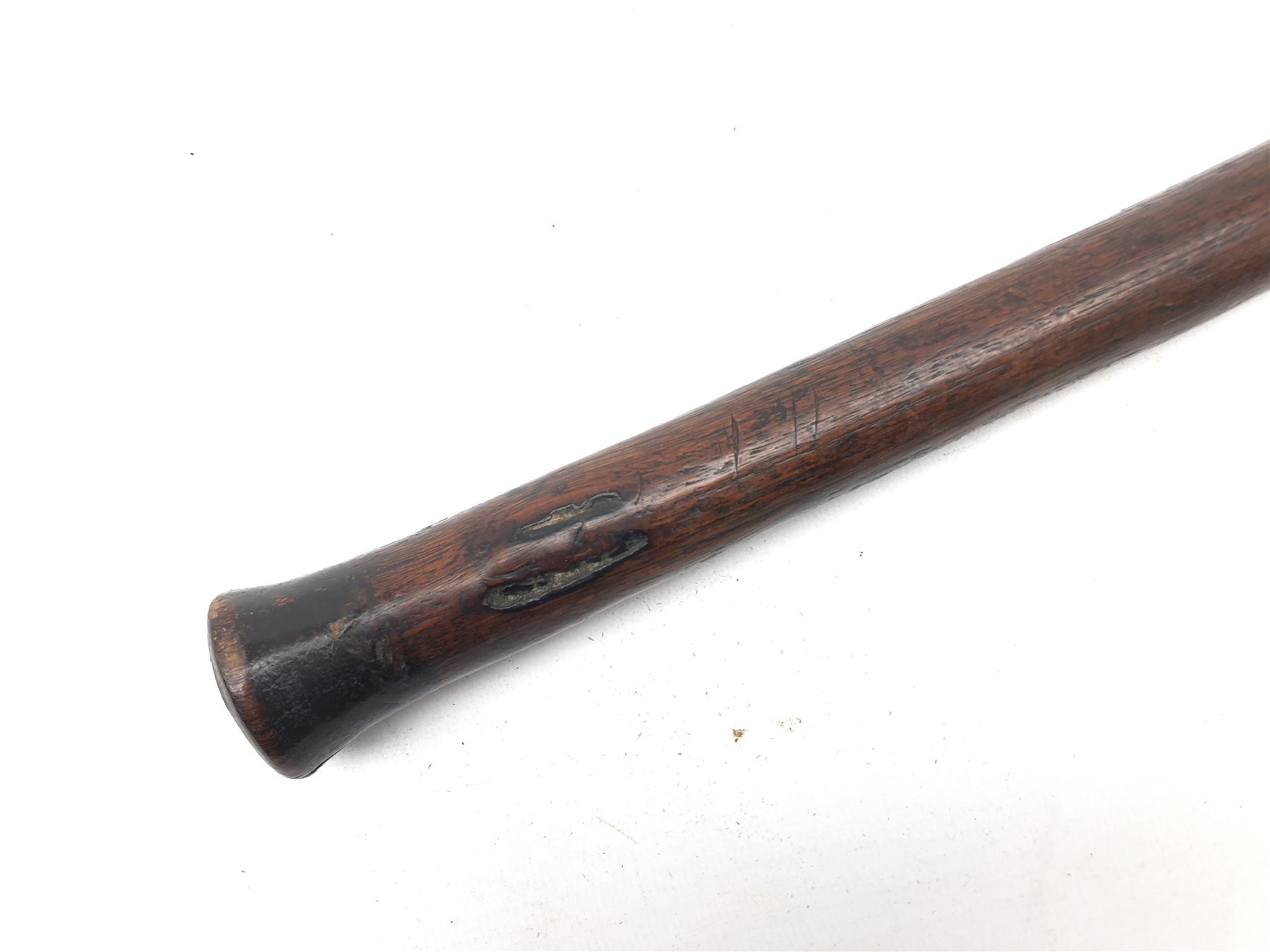 Late 19th century African tribal short axe, the brass studded bulbous ...
