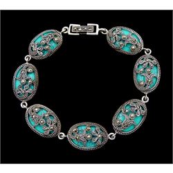 Silver turquoise and marcasite oval flower link bracelet, stamped 925 