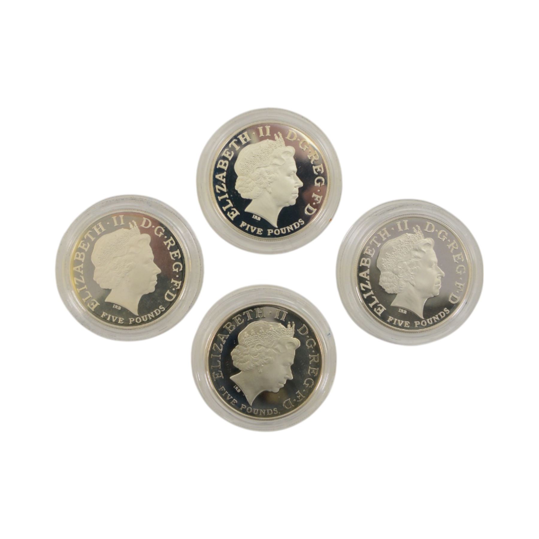 The Royal Mint United Kingdom 'Countdown to London 2012' four silver proof piedfort five pound coin set, dated 2009, 2010, 2011 and 2012, cased with certificate