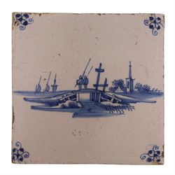 Three 18th century and later blue and white Delft tiles, 13cm x 13cm