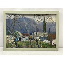 Alexander Georgievich Gulyaev (Russian 1917-1995): Russian Village around the Dachas, oil on board signed titled and dated 1990 verso 47cm x 68cm
