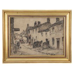 Frederick (Fred) Lawson (British 1888-1968): Grassington High Street, charcoal with colour wash highlights unsigned 21cm x 30cm