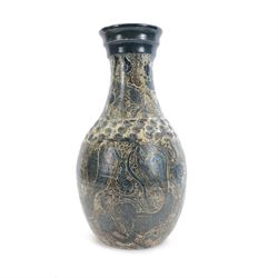 John Egerton (c1945-2024): studio pottery stoneware vase of baluster form, decorated with fish, mermaids and ammonites upon a blue ground, H56cm 