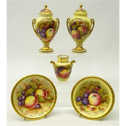  Pair of Aynsley twin handled vases and covers, each decorated with still lives of fruit, H16.5cm & two circular pin dishes all painted by Doris Jones and small vase, by Nancy Brunt (5)  