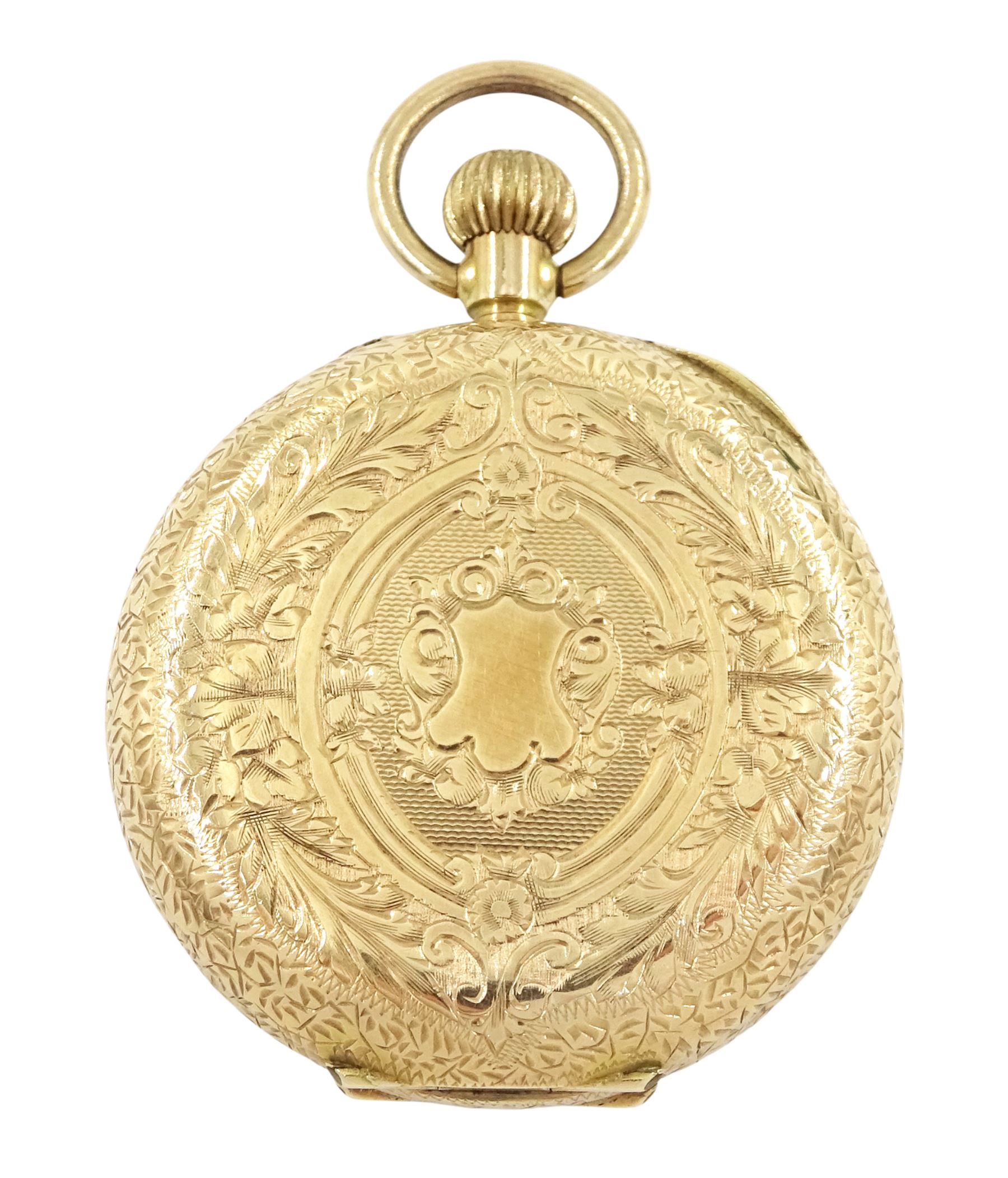 Early 20th century 14ct gold ladies cylinder fob watch, white enamel dial with Roman numeral hour markers, stamped, in velvet and silk lined case