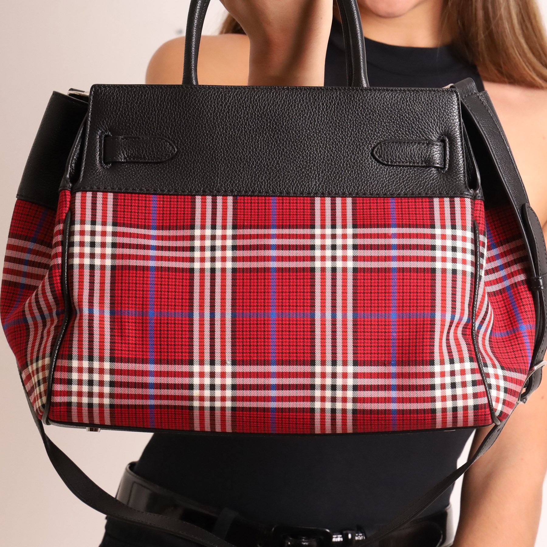 Mulberry - Belted Bayswater Tartan Check handbag in Scarlet tartan check fabric with black grained leather trim, the structured body with twin rolled leather top handles, detachable shoulder strap, silver-tone Postman’s Lock fastening and belted front detail, with original Mulberry product tag, care booklet and dust bag