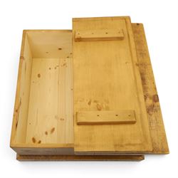 Indigo Furniture - rustic oak coffee table with double-hinged top concealing compartment, on skirted base
