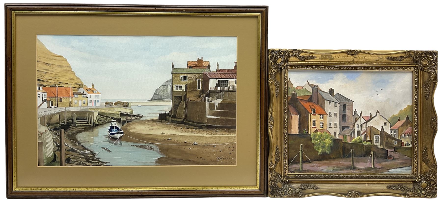 Nina Pickup (British 1947-): Staithes, oil on board signed 24cm x 30cm; English School (contemporary): Staithes, watercolour indistinctly signed 30cm x 45cm (2)