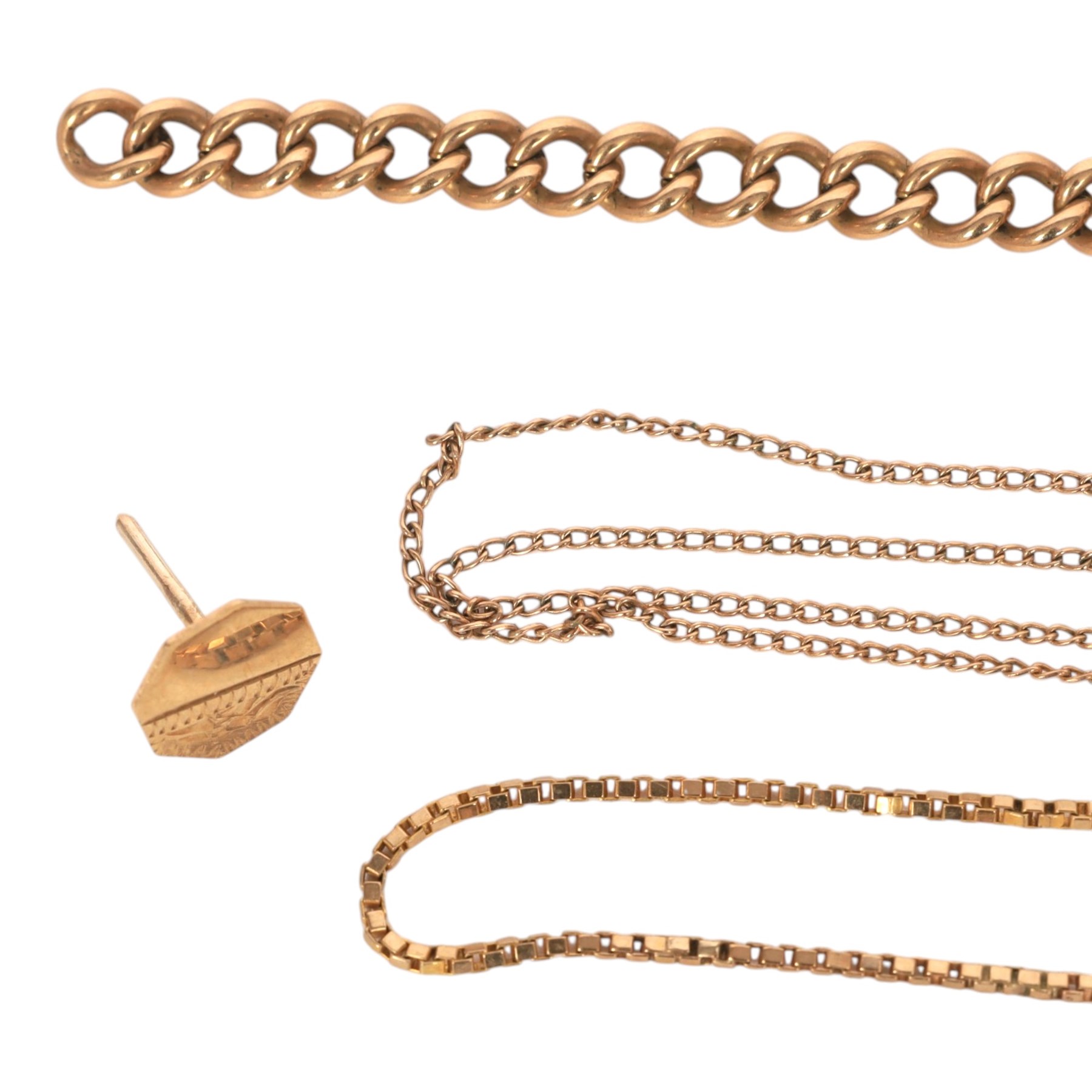 9ct gold jewellery, comprising ID bracelet, box link bracelet, single stud earring and a 10ct gold chain