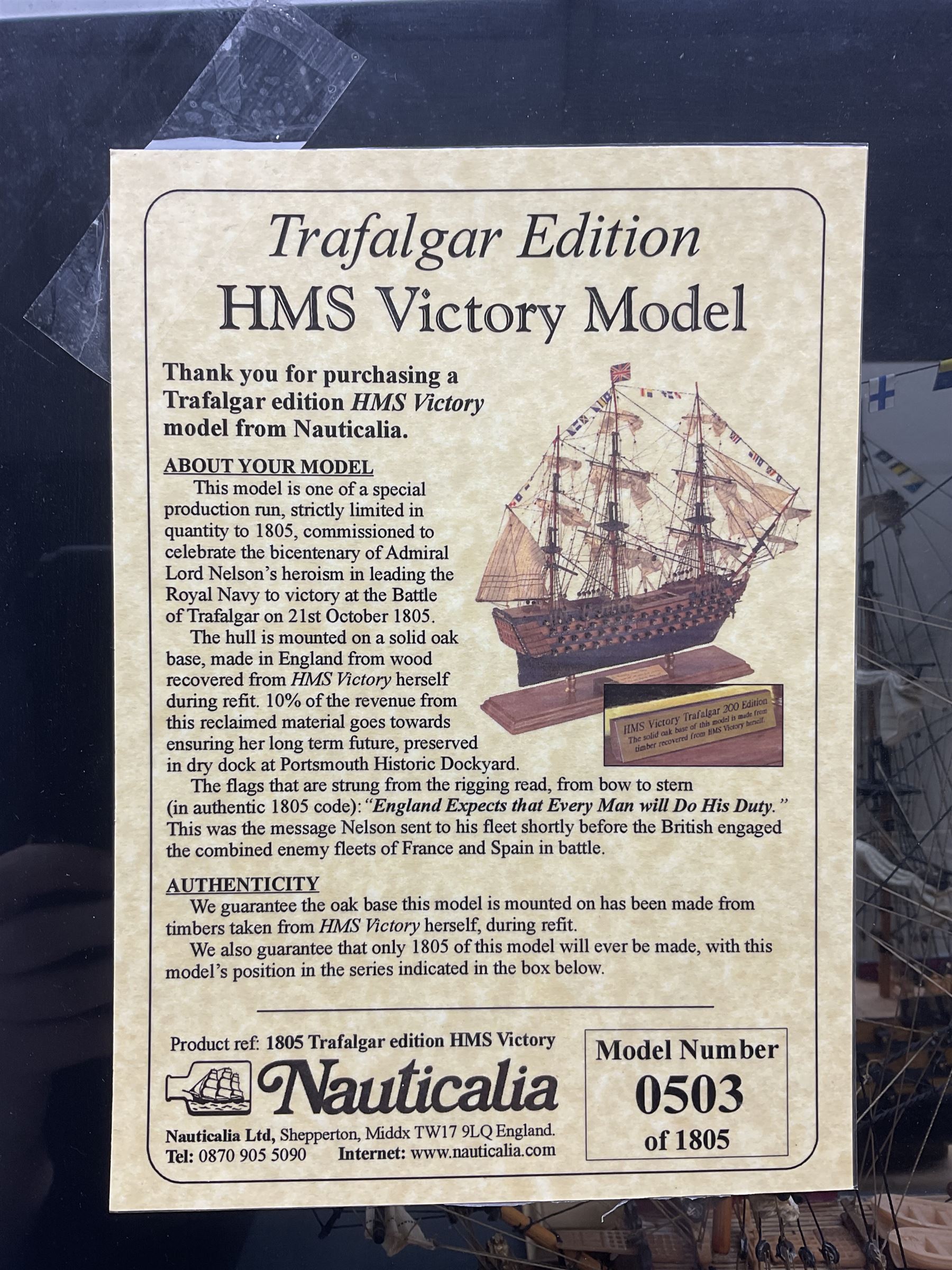 Nauticalia limited edition HMS Victory Trafalgar 200 Edition, in glass case, with certificate, model number 503 of 1805, H50cm, L57cm, D20cm