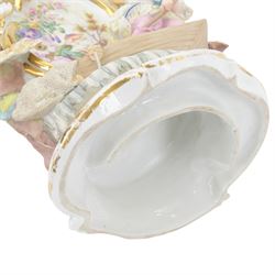 19th century Continental part bisque and glazed porcelain vase, the fan shaped vase hand painted with a floral spray, upon a punt navigated by a female figure, H39.5cm W39cm