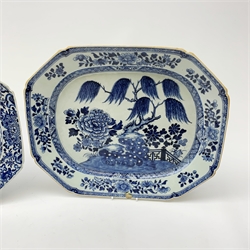 Two late 18th/early 19th century Chinese blue and white willow pattern platters, L41cm. 