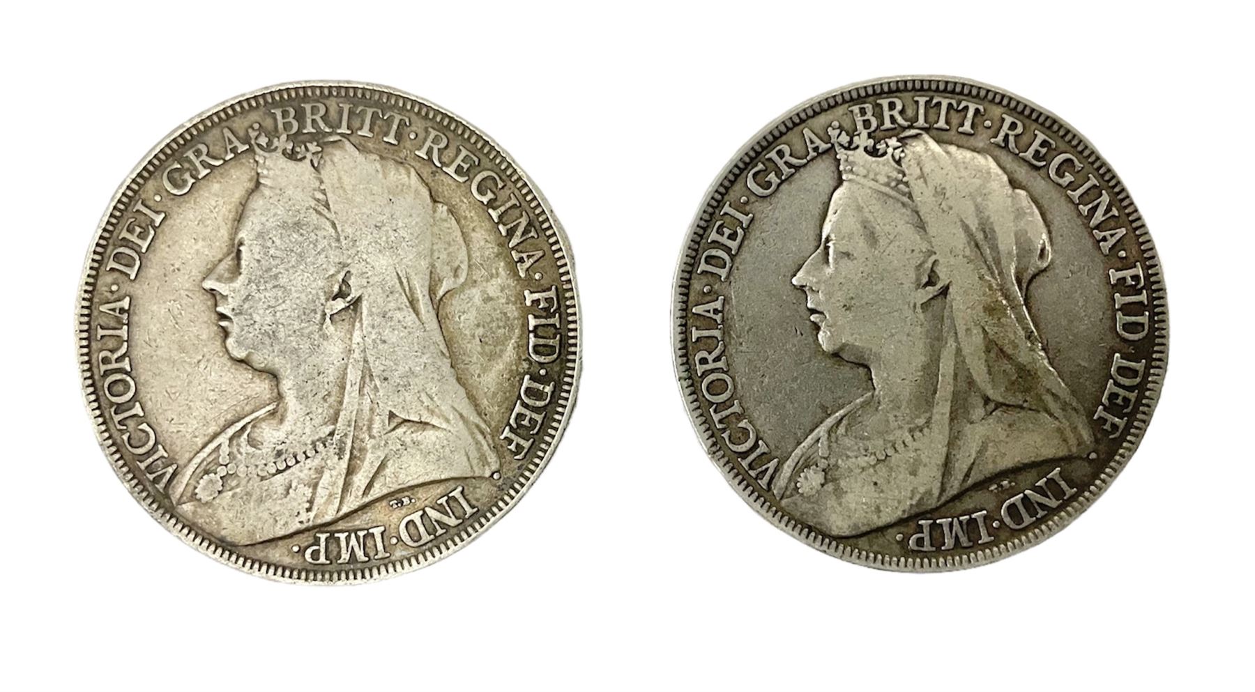 Two Victorian silver Crowns, 1896 and 1898, approximate weight 56 grams