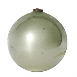 Late 19th century pale green glass witches ball, metal hanging pendant, D28cm