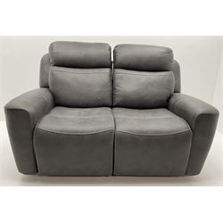 Pair of two seat electric reclining sofas, upholstered in a faux suede