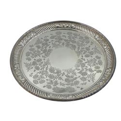 Victorian silver tray, bright cut and embossed foliate decoration by Atkin Brothers, Sheffield 1889, approx 16oz