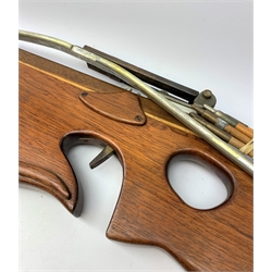 20th century crossbow with sectional mahogany shaped stock and Nikko Stirling telescopic sight L89cm; together with another similar with hinged foresight; and six arrows (8)
