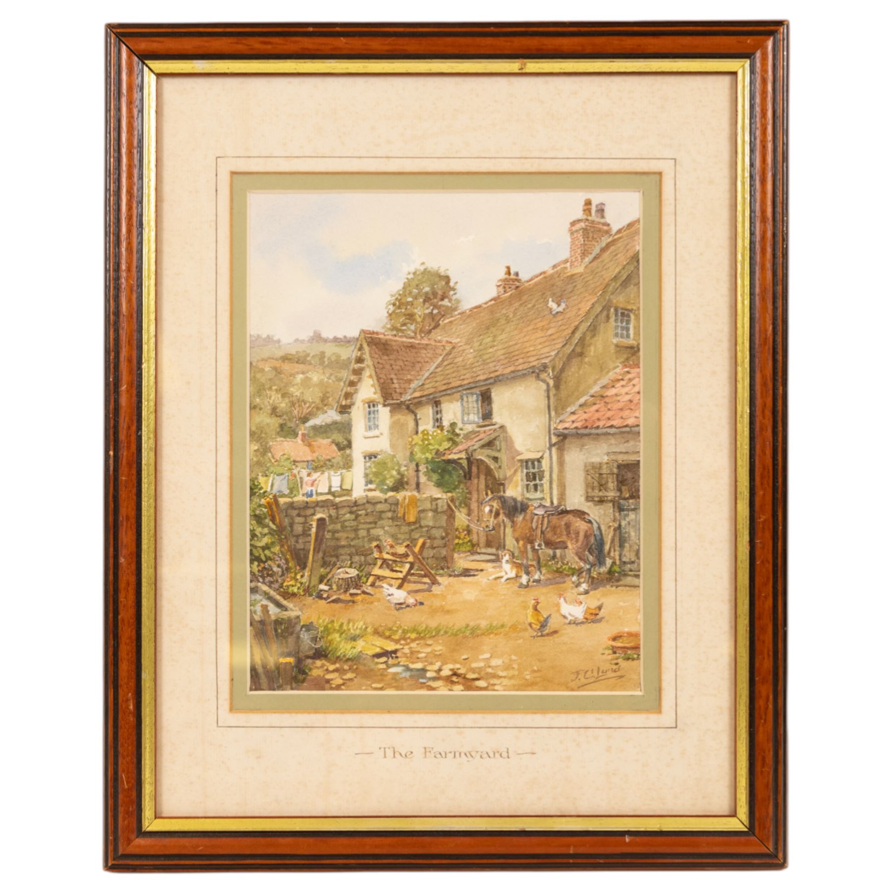 John Cecil Lund (British 1932-): 'The Farmyard', watercolour signed, titled on the mount 23cm x 18cm 