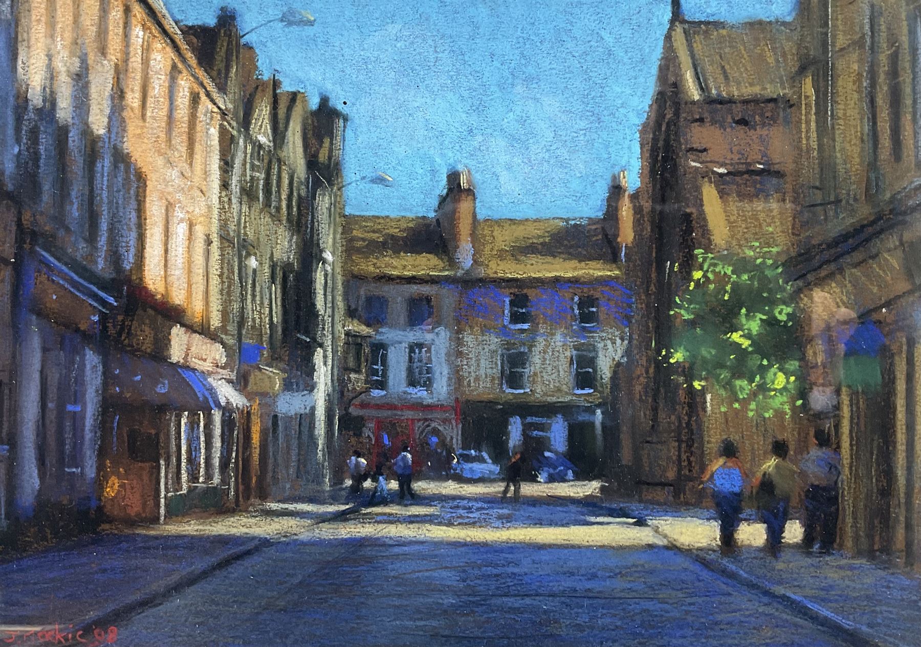 John Mackie (Scottish 1953-): Blue Skies Street Scene, pastel signed and dated '08, 24cm x 34cm
