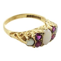 9ct gold three stone opal and four stone ruby ring, Birmingham 1976