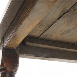 Jacobean design elm and oak refectory dining table, rectangular three plank top with cleated ends, moulded frieze rails on turned supports united by moulded stretcher rail