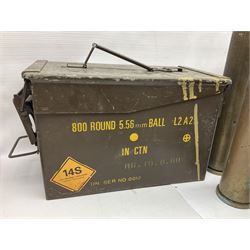 Large collection of shell and bullet casings, including a trench art example, together with a metal cartage case and wooden case