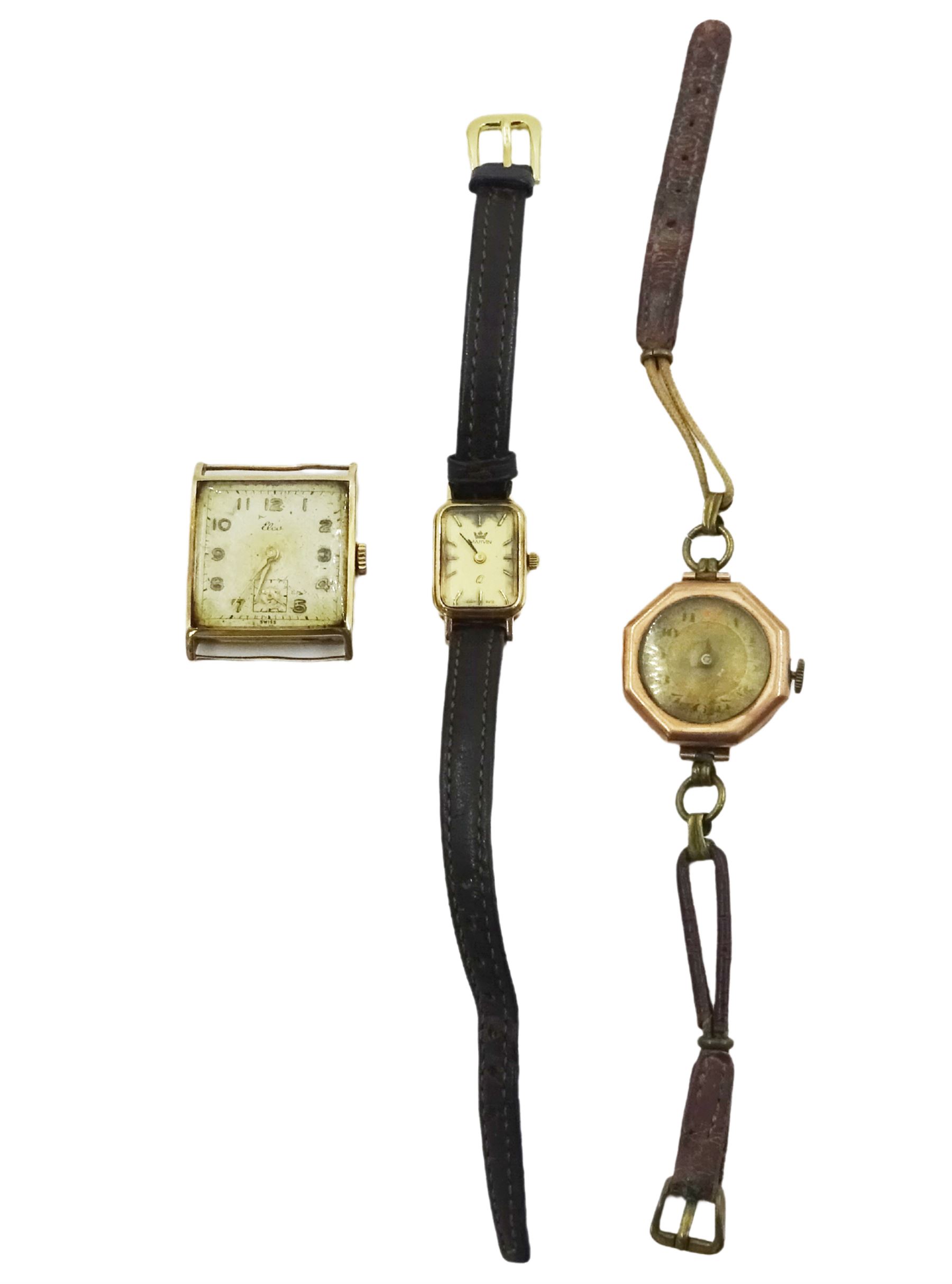 Elco 9ct gold square face manual wind wristwatch, Marvin 9ct gold quartz wristwatch and one other 9ct gold wristwatch, all hallmarked, both on leather straps (3)