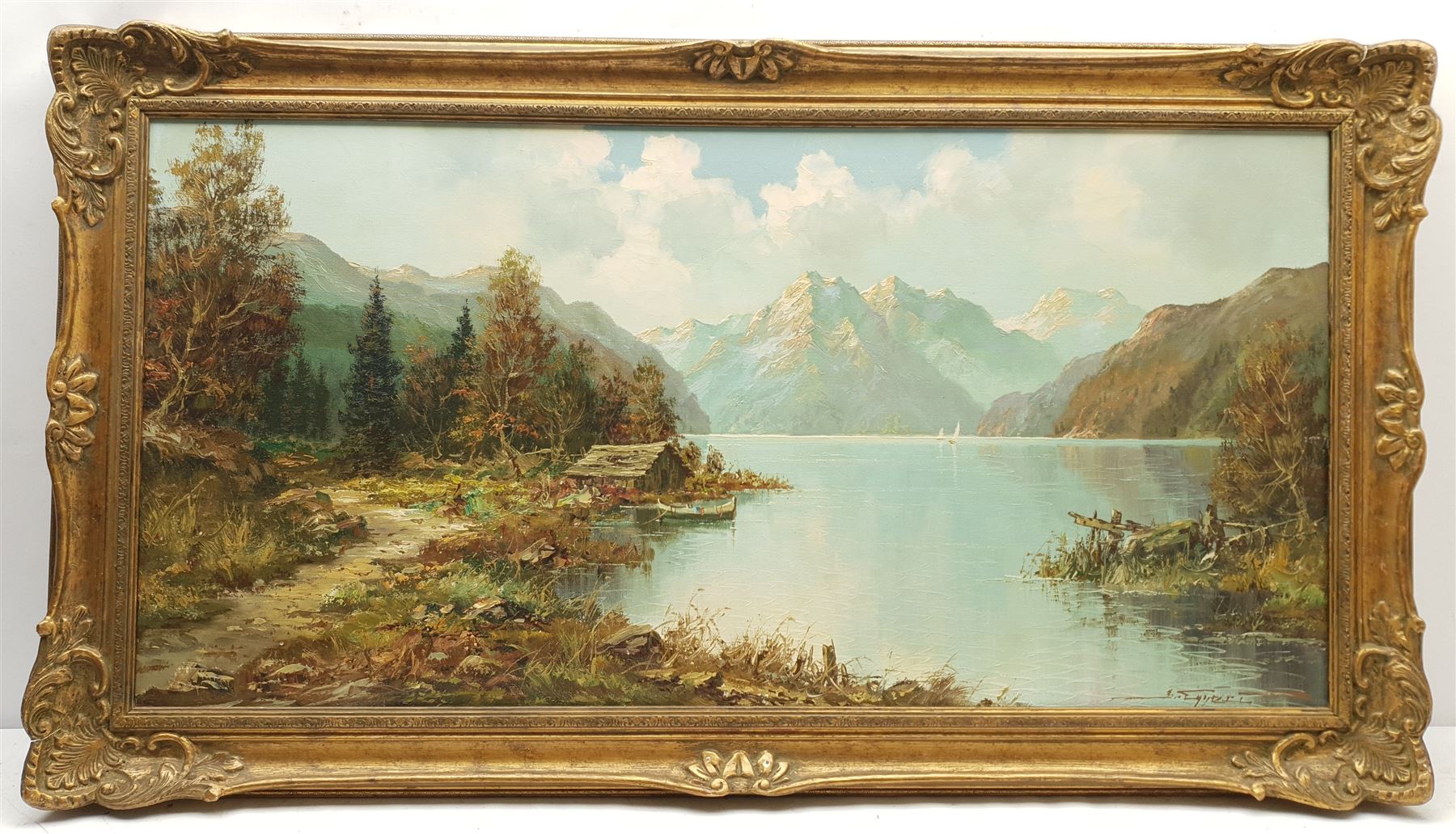 Continental School (20th century): Fjord Landscape with Fishing Hut, oil on canvas signed indistinctly 49cm x 100cm