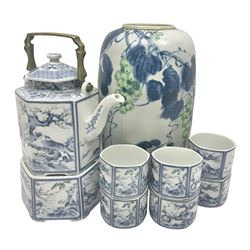Chinese vase, decorated with vines and grapes and signed beneath, together with Chinese tea set of hexagonal form, comprising teapot and stand and six cups, vase H30cm