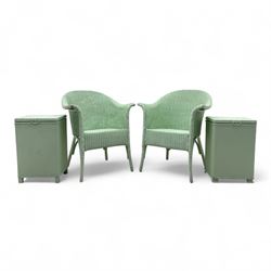 Lloyd Loom - Pair of mid-20th century green painted tub armchairs, each with continuous cu...