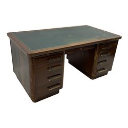 Abbess - mid 20th century mahogany twin pedestal office desk, inset leather writing surface, fitted with nine drawers and three slides