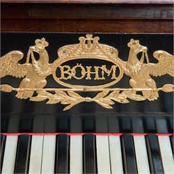 Austrian “Viennese” Grand Piano by Joseph Böhm c1820.
Straight triple strung, with a Viennese action and adjustable escapement rail, some new dampers and damper felt with leather covered hammers, string gauges marked on the wrest plank, soundboard appears to have been shimmed in places, bridge in good condition, possibly re-strung at some time with one tuning pin and two strings missing. Action with good repetition and damping, however some adjustment may be necessary to both the action and pedals. Six octave keyboard, with 78 keys C1-F7, with Ivory naturals and ebony sharps, lyre supported on a stretcher with seven pedals, Bells & Drum, Treble Sustain, Full Sustain, Piano & Pianissimo, Bassoon Stop and Una Corda. Adjustable open lattice music desk. Ebonised panel above the keys with maker name and decorative gilt mounts depicting imperial eagles, grapevines, scrollwork, and angelic trumpeters. Case raised on three circular columns with block supports. 
This instrument is typical of the type of piano being made in Vienna in the early 19th century and a type of piano possibly familiar to Beethoven during the period of the composers’ later compositions. This piano is thought to be one of the earliest known pianos by this maker and was discovered in Milan in the 1870’s. A retailer’s trade label from that period is attached to the soundboard.

Given the intricate nature of these historic instruments, specialist support will be available if required, to assist successful buyers with safe removal and onward handling. Price upon application. 

This item has been registered for sale under section 10 of the APHA Ivory Act Reference A2ZEXJGY