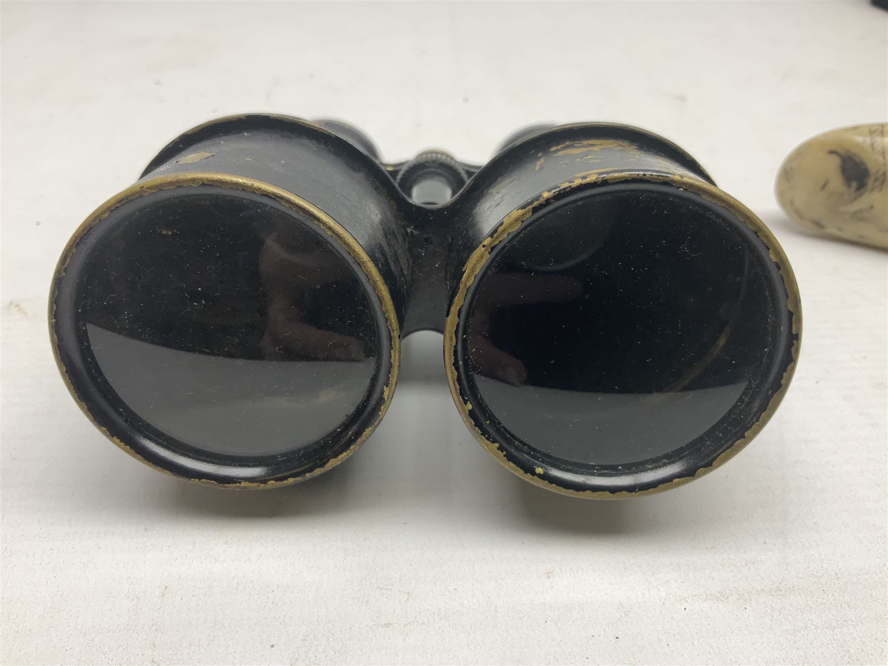 Horn handled magnifying glass and letter opener cased set, replica Scrimshaw in the form of a tusk titled The Ship Charles W Morgan New Bedford and pair of binoculars