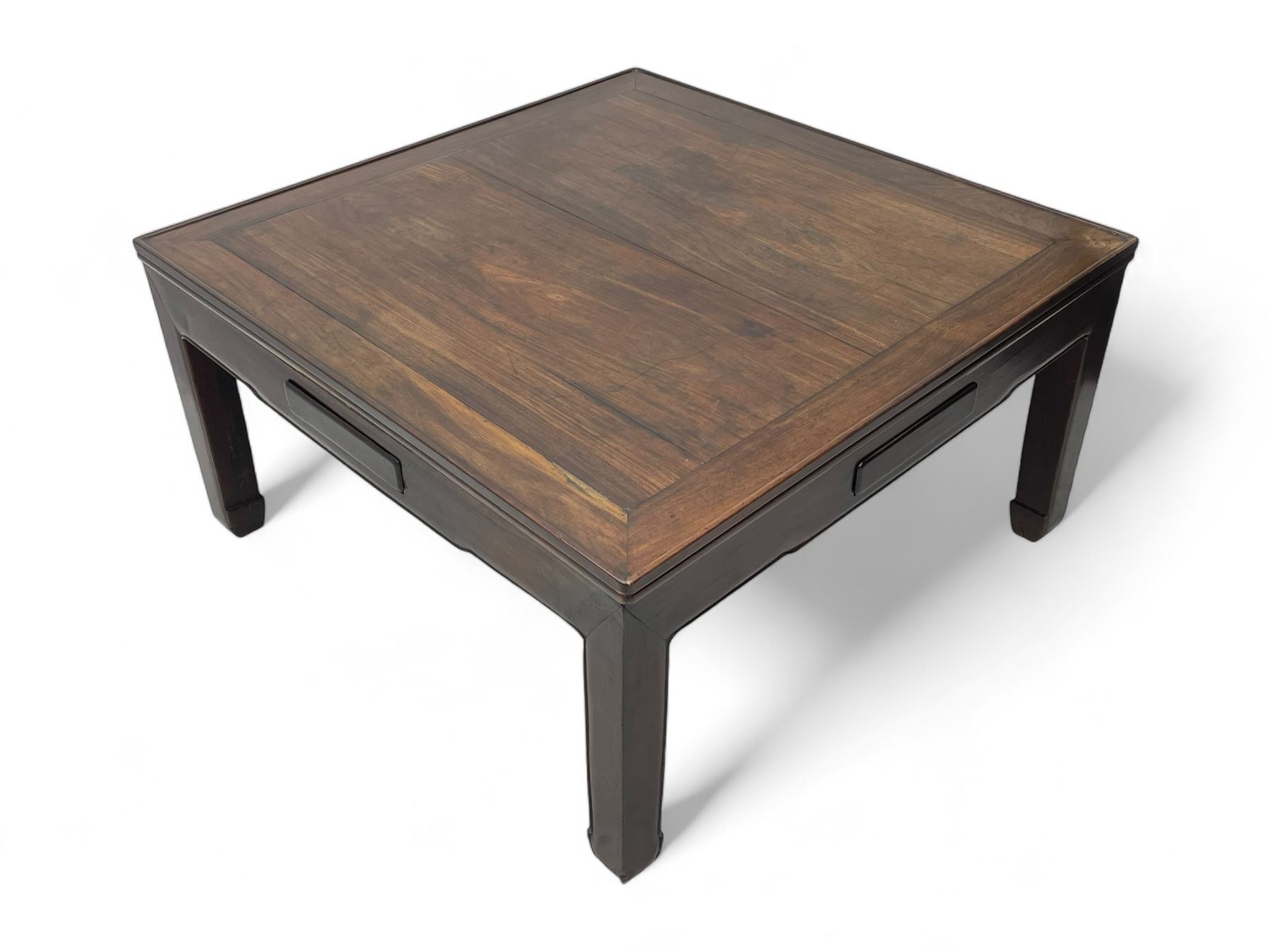 Fine 19th century Chinese Qing dynasty hmong wood mahjong or coffee table, Ming design, square top with raised moulded lip, each side fitted with small drawer, on square supports with hoof feet