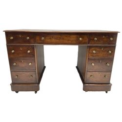 Victorian mahogany twin pedestal desk, rectangular top with inset ebonised leather writing surface, fitted with nine graduating drawers with brass pull handles, on plinth bases