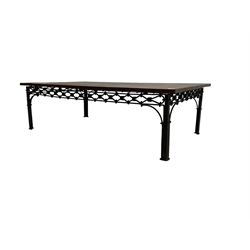 Laura Ashley - mango wood and wrought iron coffee table, the rectangular top over a pierced wrought iron frieze in repeating lozenge pattern