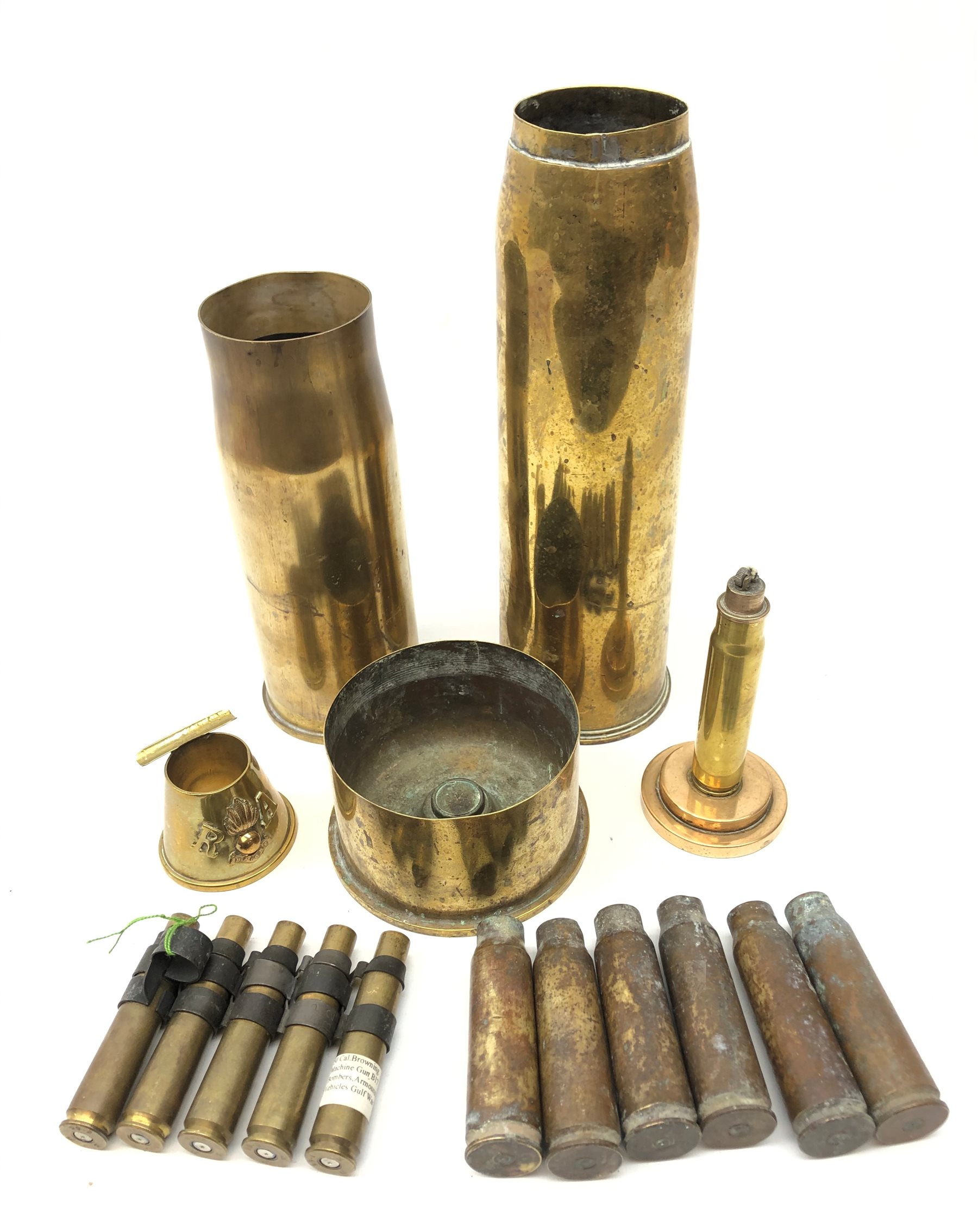 Trench Art - Royal Artillery conical brass ashtray H6cm, tall pedestal brass  table lighter, clip of five