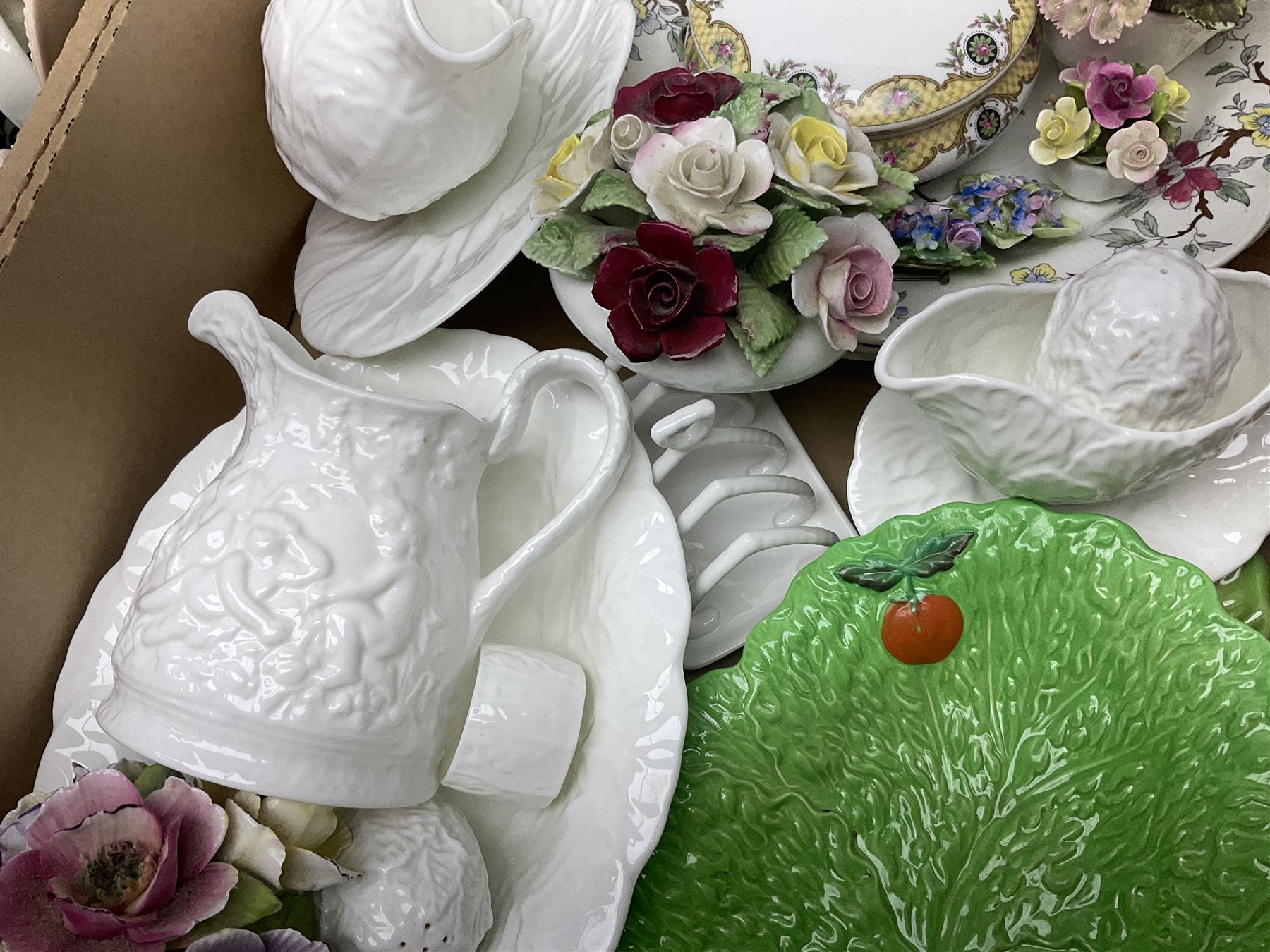 Wedgwood and Coalport 'Countryware' pattern ceramics, to include teapot, toast rack, napkin rings, jug, oval dish, sauce boat and saucer, etc, together with other ceramics to include Hornsea Fauna vase, Sylvac Apple Blossom pattern bowl, Sylvac jug in the form of a sack, no. 406, two Nao figures, tea wares, silver plated cutlery etc