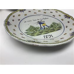 Four French Faience plates, comprising Je suis las de le porter, Le malheur nous reunit, Je desire y arriver and Eveque de Meaux, D24cm  