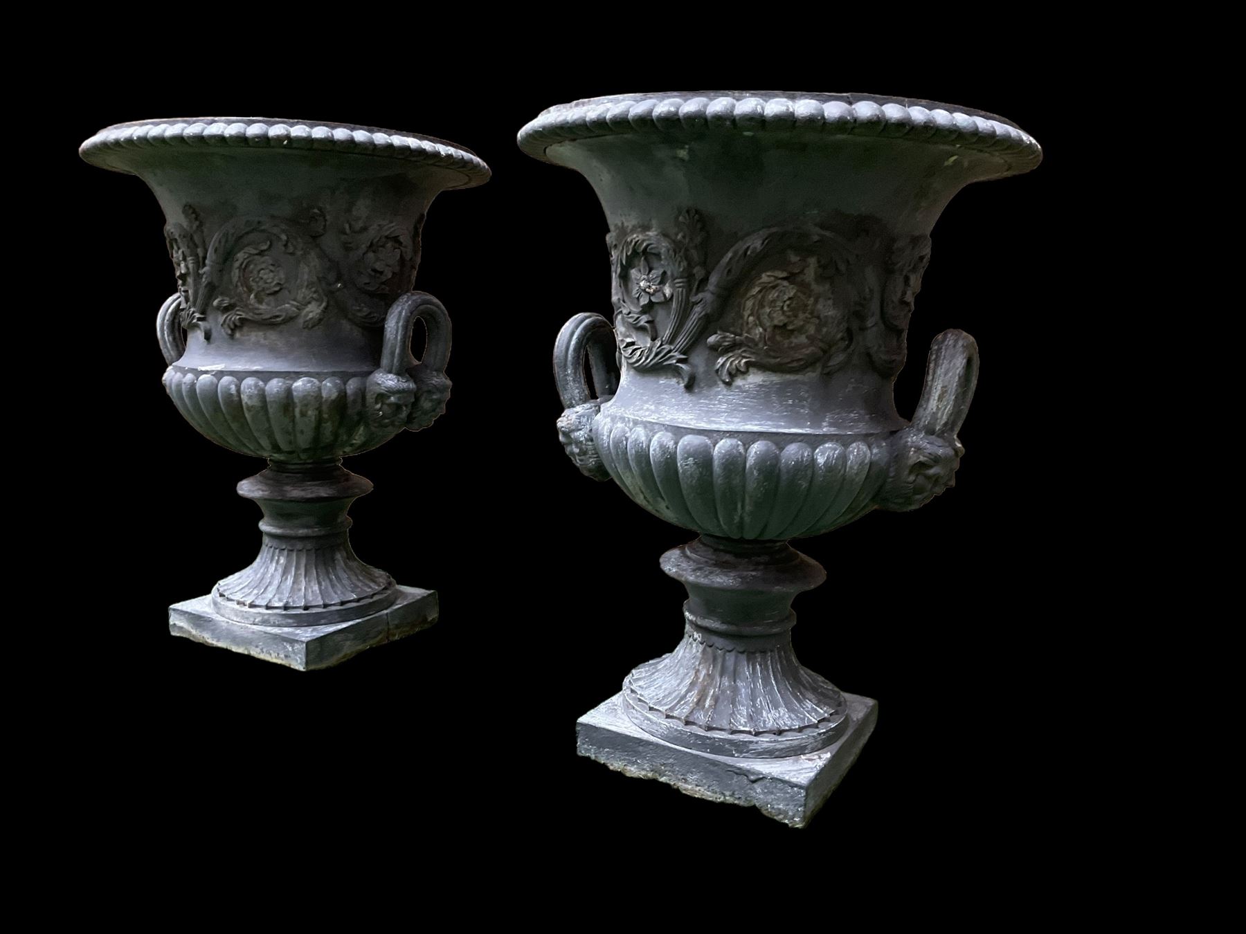 Pair of Victorian ornate cast iron garden urns, painted in grey finish - THIS LOT IS TO BE COLLECTED BY APPOINTMENT FROM DUGGLEBY STORAGE, GREAT HILL, EASTFIELD, SCARBOROUGH, YO11 3TX