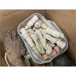 Condenser microphone, together with CD player, carved chess set, wooden figures etc in three boxes  