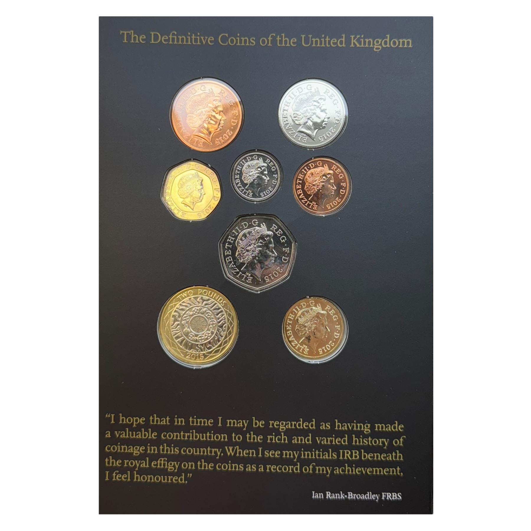 Seven The Royal Mint United Kingdom uncirculated coin sets, comprising  2008 'Emblems of Britain' seven coins, 2010 'A celebration of Britain' eight coins, 2014 'Definitive' eight coins, 2015 'The Fourth Circulating Coinage Portrait Final Edition' eight coins, 2022 'Definitive' eight coins, 2023 'King Charles III Definitives' eight coins and 2024 'Definitive' eight coins, all in card folders