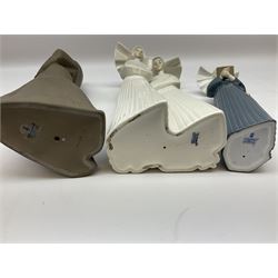 Three Lladro figures of nuns comprising Prayerful Moment no. 5500, Time to Sew no. 5501 and Two Nuns model no. 4611, together with figure of a monk no. 2060, and further Lladro bell figure