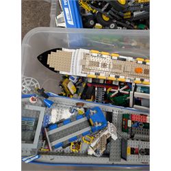 Two boxes of partially built Lego vehicles, including Lego Technics Dumper Truck no. 8264, Titanic, container ships, police boat, smaller police vehicles, etc