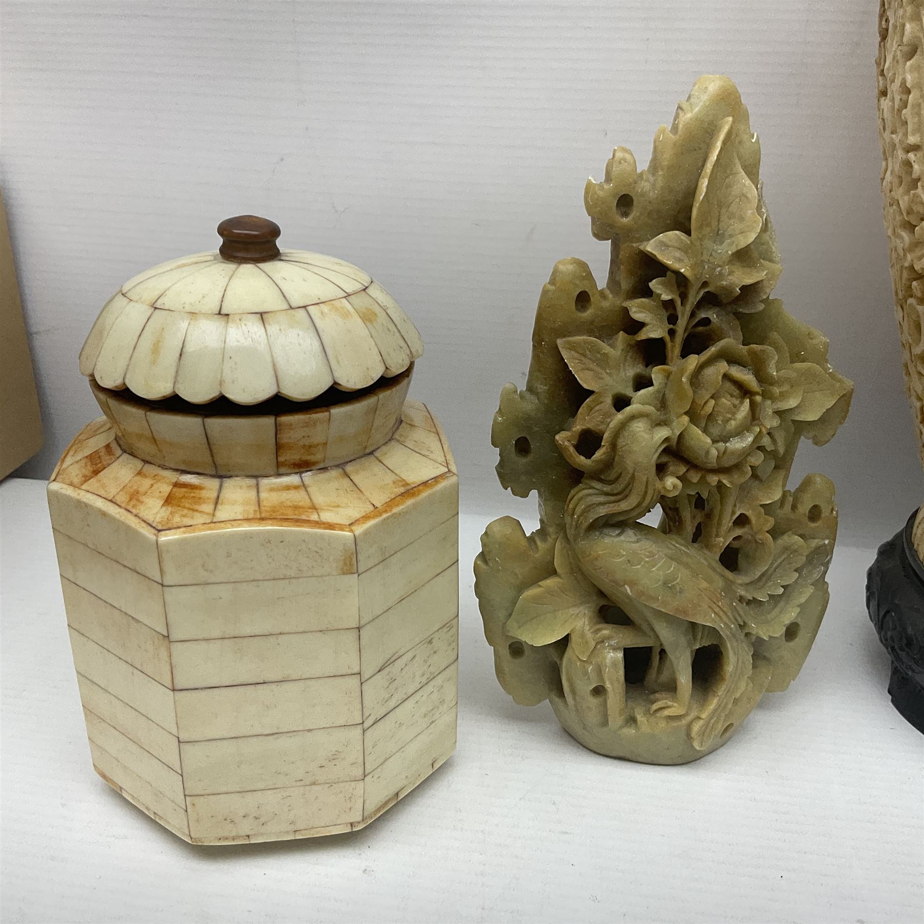 Collection of hardstone and soapstone, including hardstone seal carved temple dogs finial, inscription on base, together with inkwells, vases etc  