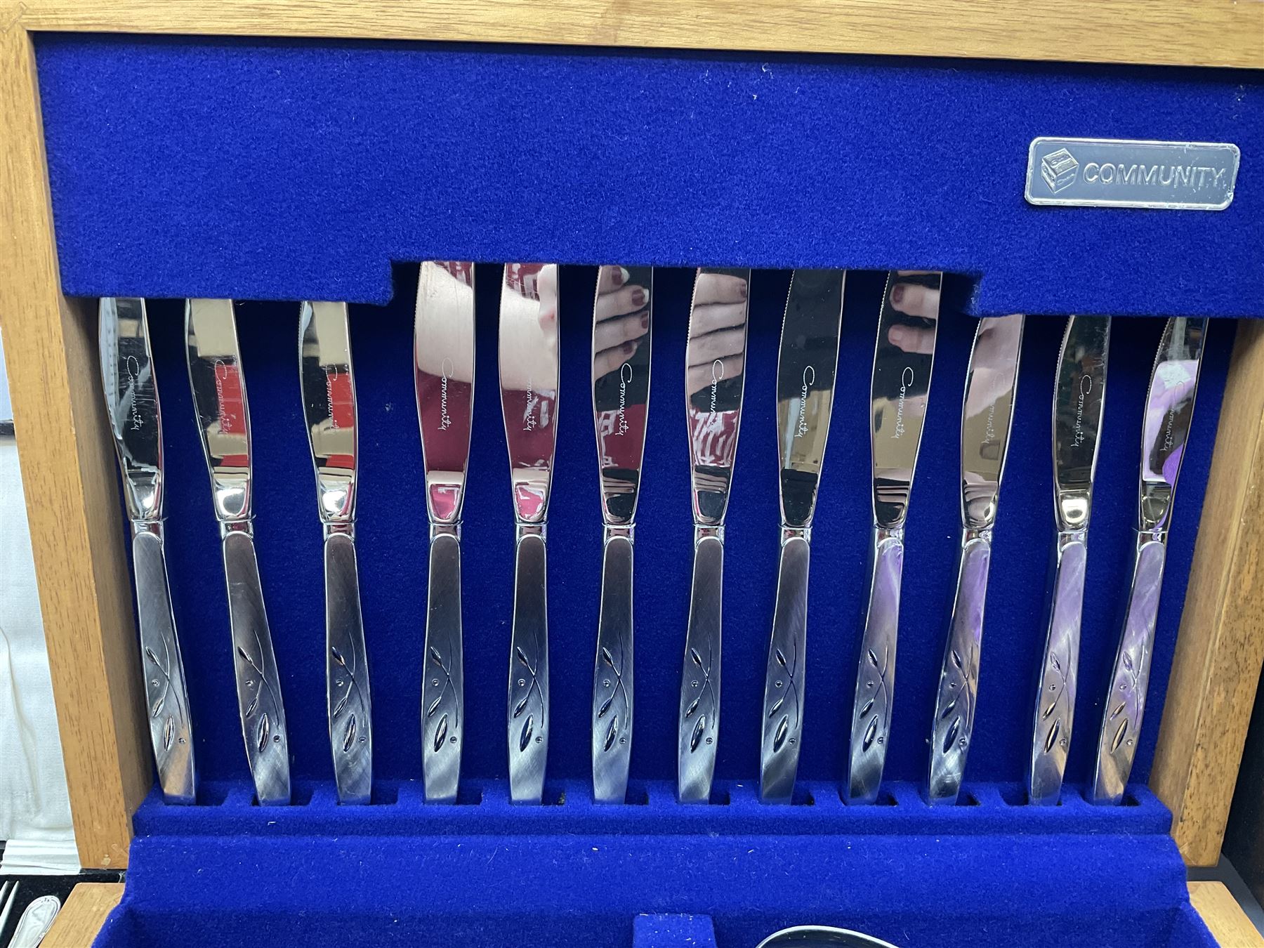 Silver mounted glass cruet set, Hallmark Walker & Hall, together with silver plate cased canteen, tea set etc