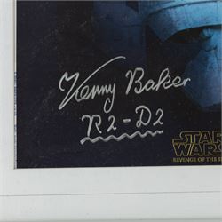 Five framed Cards Inc Star Wars Revenge of the Sith prints, comprising Mace Windu, Yoda, C-3PO, Darth Vader and R2-D2, the R2-D2 example signed by actor Kenny Baker, together with a collection of six smaller limited edition Star Wars art prints, largest H39cm (11)