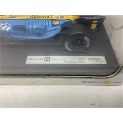 Five Mattel Hot Wheels 1:18 scale die-cast racing cars - Ferrari 248F1 Michael Schumacher, Renault F1 Team R25 Fernando Alonso, Williams F1 Team Williams FW28 Mark Webber, Jordan 199 Damon Hill and Williams F1 Team BMW; all boxed (5)