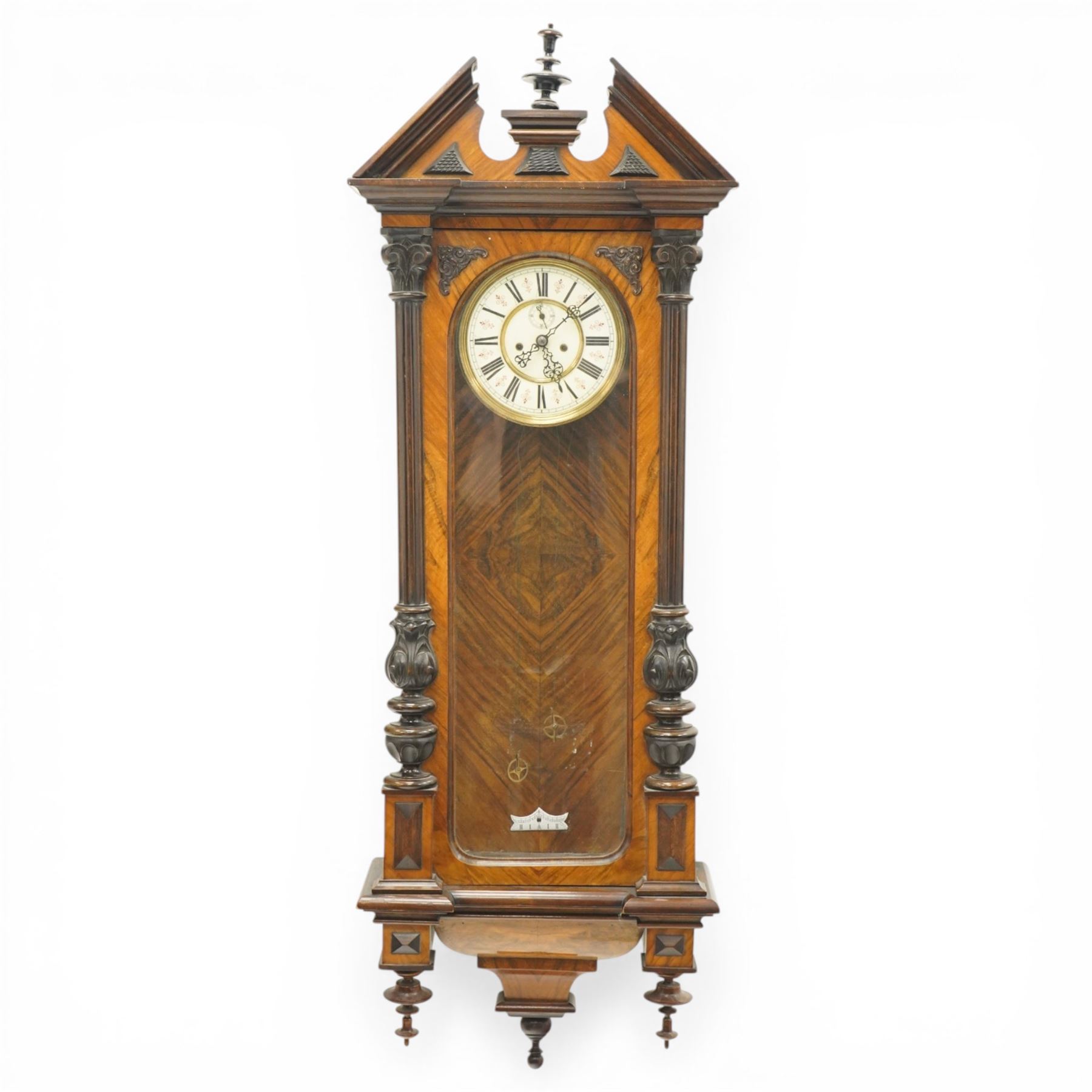 Late 19th century Vienna regulator wall clock with 19cm dial in walnut case with broken arch pediment and brass weights H128cm 