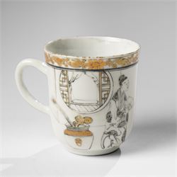 Chinese Yongzheng period coffee cups and saucer, painted in grisaille with figures in traditional landscapes and heightened in gilt (3)